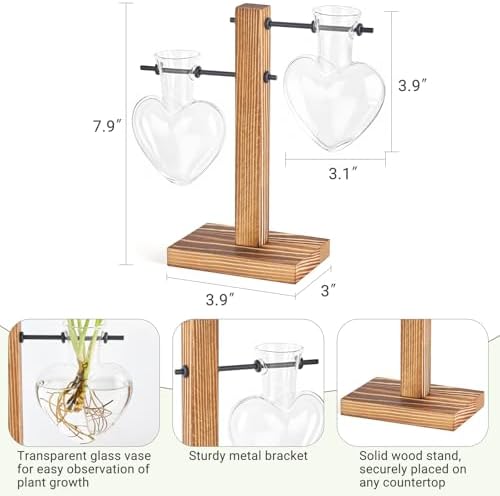 Mkono Propagation Stations,2 Heart Shaped Glass Plant Vases with Wood Stand - Image 2