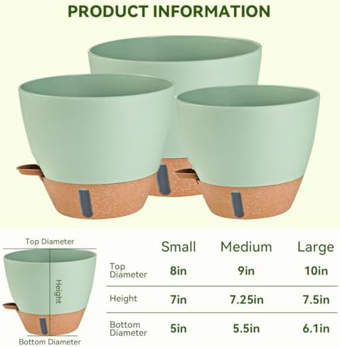 8/9/10 Inch Self Watering Pots, Plastic Flower Pots with Multi Mesh Drainage Holes and Water Level Indicator & Deep Reservoir for Indoor Outdoor Garden Plants and Flowers (Green) - Image 6