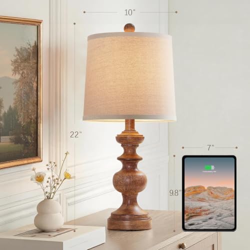 PARTPHONER Farmhouse Table Lamp Set of 2, Rustic Table Lamps for Living Room Bedroom, 22" Mid Century Modern Desk Lamp Bedside Nightstand Lamps with Linen Tapered Drum Shades, Wood Grain - Image 3