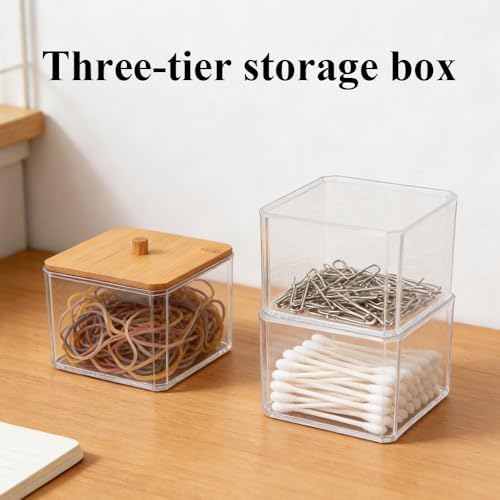 AKAZA Clear paper clip organizer with Bamboo Lid - 3-Layer paper clip holderfor Desk, Vanity, Bathroom, Drawer Storage, Makeup Brush & Qtips Holder, Aesthetic Home Office Supplies (Clear) - Image 5