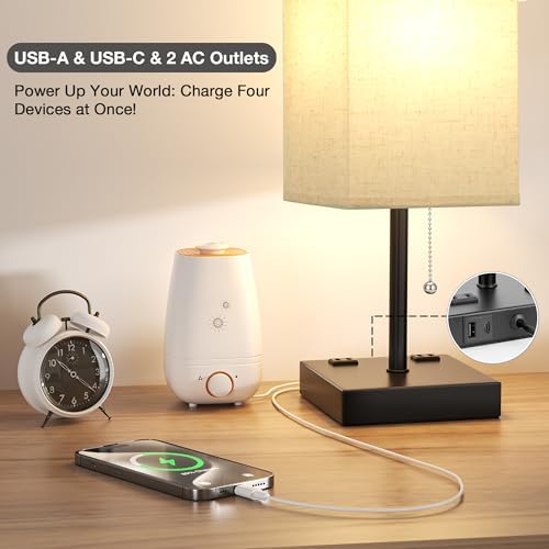 aooshine 17.4" Beige Bedside Table Lamp for Bedroom - USB C+A, 2 AC Outlets - Image 4