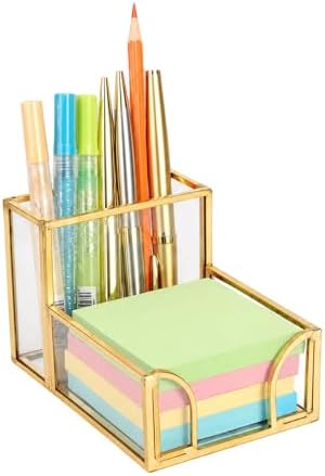 Feyarl Gold Glass Note Holder with Pen Pencil Cup 3x3 Inch Sticky Notes Desk Organizer Markers Pen Storage Desktop Accessory for Office Home Classroom by Feyarl