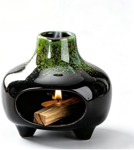 Ceramic Palo Santo Holder Incense Burner,Handcrafted Chiminea Incense Cone Holder Burner Wood Sticks,Ash Catcher,Aromatic Home Decor for Spiritual Rituals,Yoga,Meditation (Green, 4*4*4INCH) by Unknown