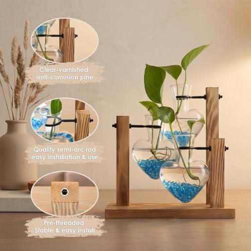 Plant Propagation Station, Heart-Shaped Hydroponic Glass Vase with Wooden Stand Decorative Propagation Stations with Blue Glass Beads for Home Desk Office Gardening Gifts for Plant Lovers - Image 4