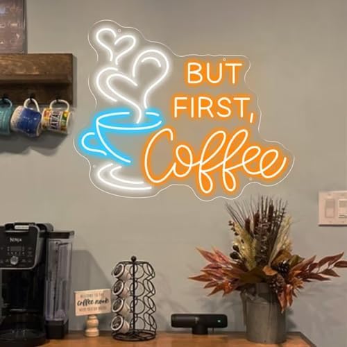 But First Coffee Neon Sign Large 5V USB Powered Acrylic Neon Lights with Dimmable Switch and Hanging Chain for Coffee Cafe Bar Party Living Room Sign Gifts 14 * 11.3inch(Orange) by HFHungkeong
