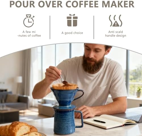 Ceramic Pour Over Coffee Maker Set, Starry Blue Coffee Dripper Cone with 40 Filters, 14 Ounces/400ml Pot - Image 3