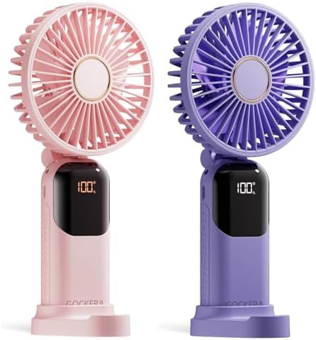 GOCKERA Portable Fan, 4200mAh Battery Operated Fan, 5 Speeds&Digital Display, Makeup Fans for Women with Base, 180°Foldable 3in1 Handheld/Neck/Desk Fan for Outdoor Indoor,Ultra Quiet (Pink Purple) by GOCKERA