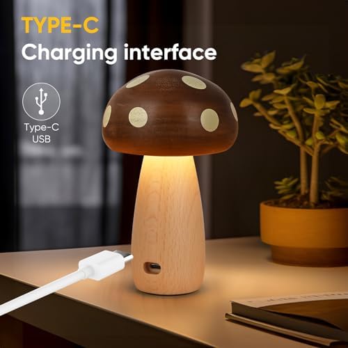LONRISWAY LED Wooden Mushroom Lamp for Bedroom,Portable Cordless Touch Switch Small Rechargeable Battery Operated Lamp,Stepless Dimming, Night Light for Birthday Gifts - Image 5