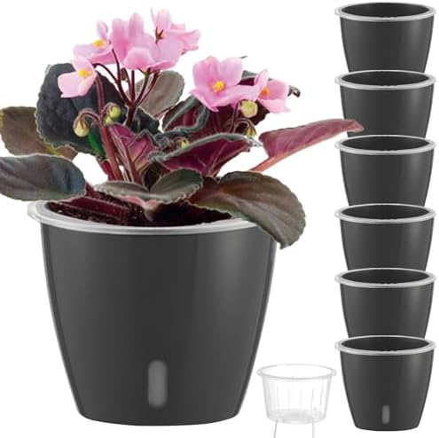Self Watering Pots for Indoor Plants, 6-Pack 6.7'' Self Watering Planter with Drainage Holes, Small African Violet Pots with Water Indicator, Clear Wick Orchid Pot, Grey Gold by KvyusFlourish