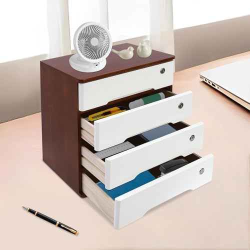 4-Tier Desktop Storage Box with Lockable Drawer, Wooden Desk Organizer for Office Supplies, Flat File Cabinet, Minimalist Design for Home & Office Use(Walnut+White) - Image 5