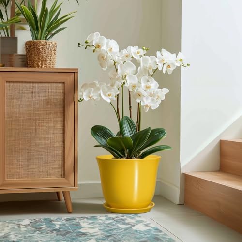 12 Inch Plant Pot - Ceramic Plant Pots with Drainage Hole and Saucer, Large Round Planter for Indoor Outdoor, Modern Flower Pot, Decorative Planters, Home Garden Decor, Garden Gifts, Yellow - Image 5