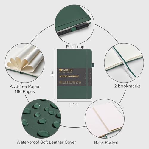&And Per Se Dotted Notebook with Pen, A5 Hardcover Dotted Journal, 160 Pages 100GSM Thick Paper Dot Grid Journal with Fineliner Pen (Green) - Image 2