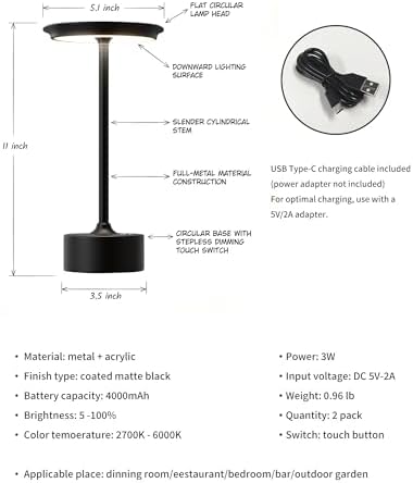 PUSU Rechargeable Table Lamps Set of 2, Black Cordless Portable Desk Lamp - Image 6