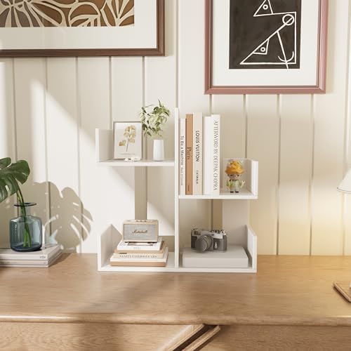Modern 2-Tier Desk Bookshelf, Short Book Organizer, Display Shelf & Desktop Storage Rack, Space-Saving Desk Bookshelf for Books, Decor & Small Items, White - Image 5