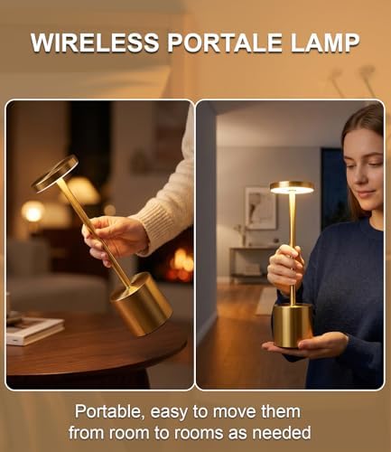 Swinerton Gold Cordless Table Lamp Set, 5000mAh Rechargeable Battery Operated Desk Lamp Wireless Table Light, 3 Color Dimmable Touch Lamp for Restaurant Dining Patio, Home/Apartment Decor - Image 4