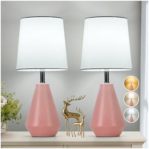 Small Bedside Table Lamp for Bedroom-Reading Desk Lamp Set of 2,with 3 Color Temperatures,15.5" Nightstand Ceramic Lamp with Fabric Shade for Kids Room,Living Room,Dorm,Home Office(Pink+White) by Illuminatingyoumeandhim