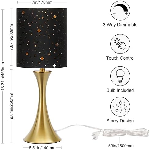 Touch Table Lamp,3 Way Dimmable Gold Bedside Lamp with Black Star Shade - Image 2