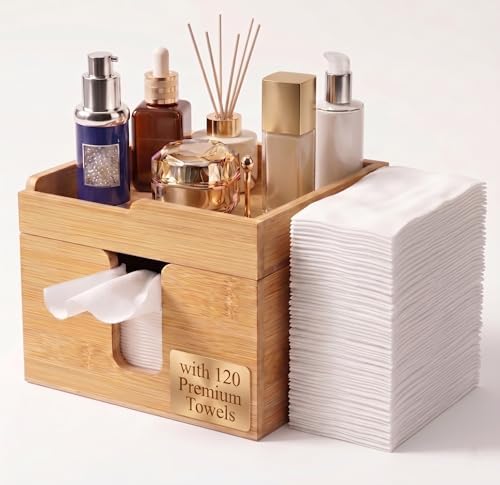 Bamboo Face Towel Holder, XL Facial Towel Organizer with Tray by Qoieua