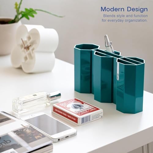 Octagonal Desk Organizer [Forest Green] - Multi-Compartment Aesthetic Pen Holder, Divided Pencil Cup for Office & Home, Modern Stationery Storage, Traditional K-Design Motif (Made in Korea) - Image 3