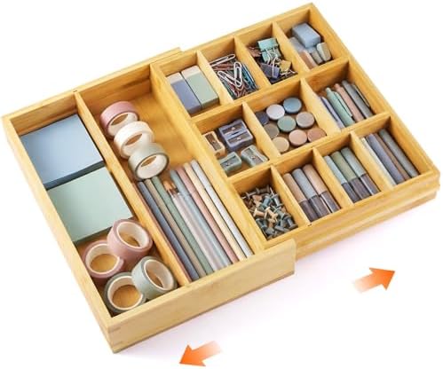 Bamboo Sliding Desk Drawer Organizer 9'' up to 17.9'' x 12'' x 2.2'' Expandable Office Desk Accessories Supplies Tray with 11 Compartments for Pens, Notebooks, Rulers, and Makeup Jewelry Vanity by Briwooody