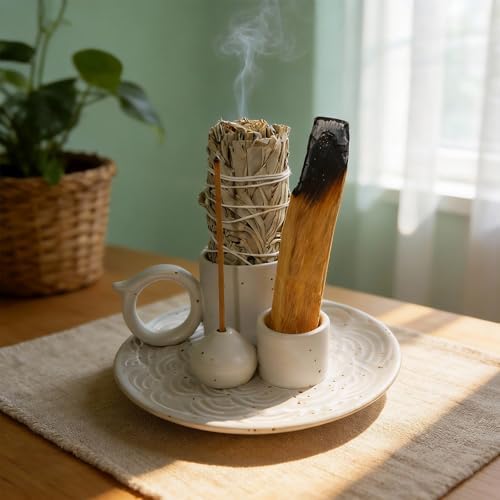 Tnstbiee 4-in-1 White Ceramic Palo Santo Holder, Multi-Purpose Smudge Tray - Image 2