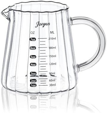 Joeyan 7 oz Glass Measuring Cups with Spout,Borosilicate Large Glass Triple Pitcher with Scale,Origami Style Espresso Shot Glasses with Wood Handle for Coffee Milk by JoeyanHousehold