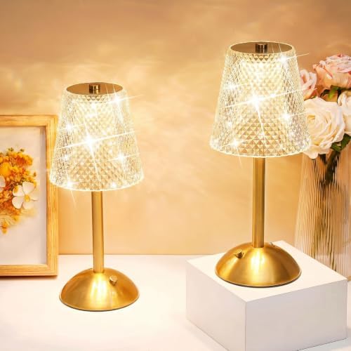 Liliful 2 Pcs Cordless Table Lamp LED Touch, Gold, Crystal Cut Style by Liliful