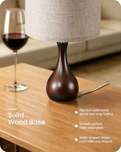 Small Table Lamp, 14.2" Cute Little Desk Lamp, Wood Bedside Lamp with Linen Lampshade, Modern Nightstand Lamp for Bedroom, E26 Base, Bulb Not Included, Beige & Dark Walnut STE09TL05 - Image 6