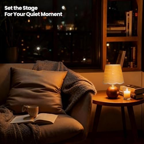 11.4" Boho Wooden Small Table Lamp with Scalloped Wavy Shade - Image 6