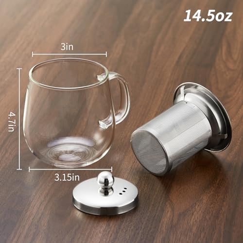 DOPUDO Glass Tea Cup with Infuser and Lid, 14.5oz/450ml Large Borosilicate Glass Teacup with Stailess Steel Filter, Clear Mug for Loose Leaf Blooming Tea, Dishwasher Safe - Tea Maker Gift. - Image 4