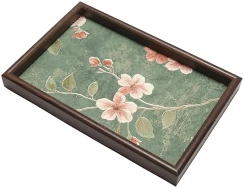 Wooden Valet Tray with Floral Base, Green Vintage Blossoms by Unknown