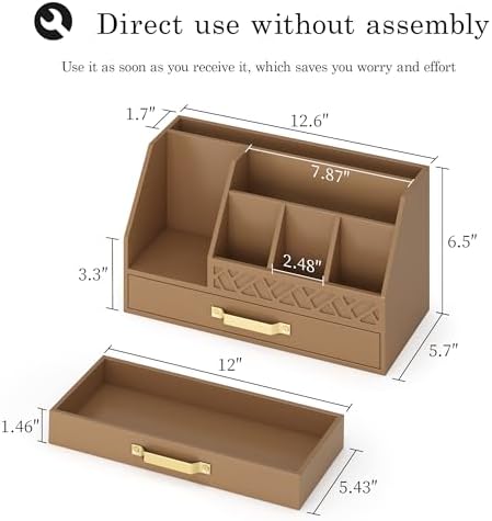 Bamboo Desk Organizer with Drawers, Mail Organizer Countertop Wood Desk Drawer Tabletop Storage Organization Pen Holder Letter Sorter Makeup Organizer for School Home Office (Brown) - Image 5