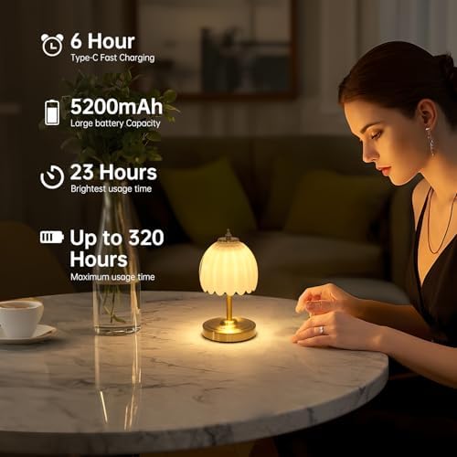Shenmoyl Set of 2 Tulip Table Lamp with 5200mAh Battery & Touch Control, Cordless Small Table Lamp with 3 Colors, Rechargeable Battery Operated Table Lamps for Nightstand, Bedroom (White Tulip) - Image 6