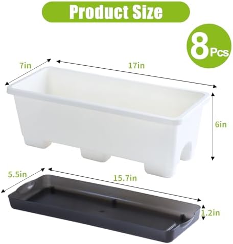 Oliz Window Box Planter 8 Pcs, 17 Inches Rectangle Flower Pots with Drainage Holes & Trays, Vegetable Planters for Windowsill Patio Garden Balcony Home Indoor Outdoor (White, 16 * 7 * 6 inch) - Image 7
