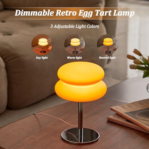 Orange Mushroom Lamp, Mid Century Modern Lamp for Nightstand, Dimmable Retro Egg Tart Bedside Lamps, Home Decor Ambient Lighting Aesthetic Cute Lamps for Bedroom Living Room (NOT Glass) - Image 3