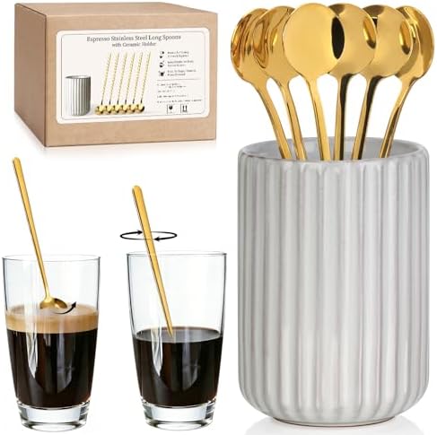 6 Pcs 6.7 Inches Gold Coffee Spoons with Stoneware Striped Utensil Holder Tea Spoons Long Handle Coffee Stirrer Spoon Set for Coffee Bar Tea Party by Unknown
