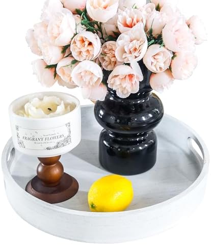 11.8" Round Wooden Decorative Tray with Handles,White by Unknown