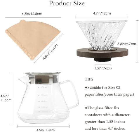Lalord Pour Over Coffee Maker, 20 oz Borosilicate Glass Carafe with 100 pcs V60 Paper Filter, Walnut Handle & Glass Lid, Drip Coffee Maker for Home Café Restaurant Camping, 600 ml, Clear - Image 6