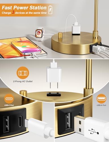 20.7" Gold Table Lamp with USB & Outlet, Fully Dimmable Nightstand Lamp - Image 2