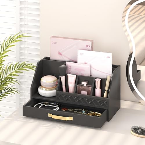 Bamboo Desk Organizer with Drawers, Mail Organizer Countertop Wood Desk Drawer Tabletop Storage Organization Pen Holder Letter Sorter Makeup Organizer for School Home Office (Black) - Image 3