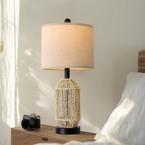 OYEARS 21" Boho Table Lamps Set of 2 for Living Room, Bedside Lamps for Nightstand, Rattan Lamp for Bedroom, Farmhouse Table Lamps for Boho Decor, End Table, Retro, Black - Image 3