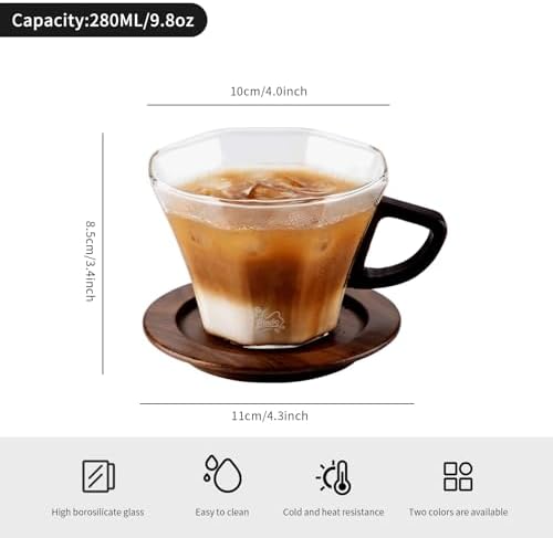 Bincoo Glass Mug with Wooden Handle and and Saucer Set-280ML Glass Coffee Cup Heat Resistant Lightweight Tea Mugs Ideal for Home, Cafe, Coffee Bar(Grey) - Image 5