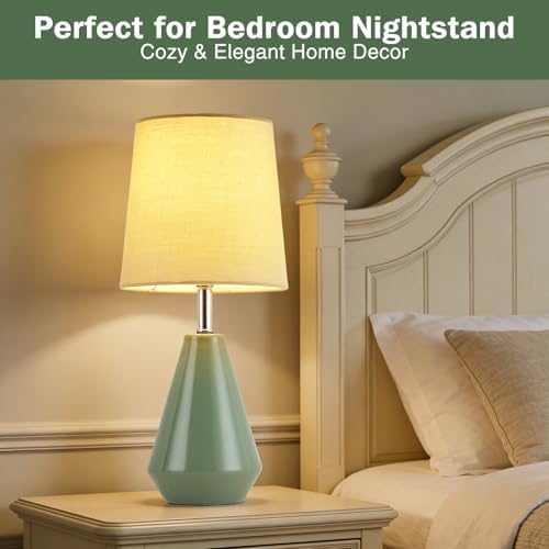 Small Bedside Table Lamp for Bedroom-Reading Desk Lamp Set of 2,with 3 Color Temperatures,15.5" Nightstand Ceramic Lamp with Fabric Shade for Kids Room,Living Room,Dorm,Home Office (Green) - Image 3