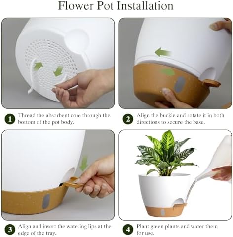 Plant Pots, 4 Pack 12/10/9/8 Inch Self Watering Pots with Drainage Holes, Water Level Indicator Deep Reservoir, Large Planters for Indoor Outdoor Plants - White Brown - Image 3