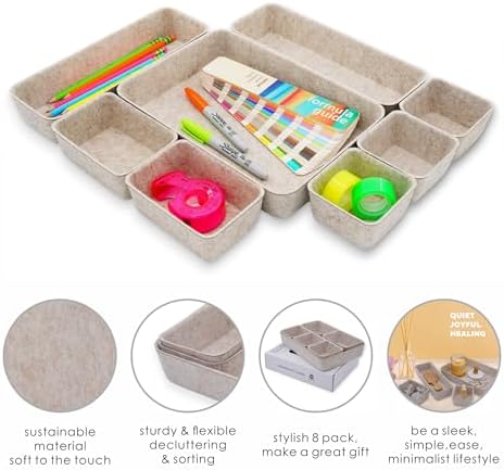 Welaxy 8pc Nordic Felt Desk Drawer Organizer Tray Beige Oatmeal Storage Bin - Image 6