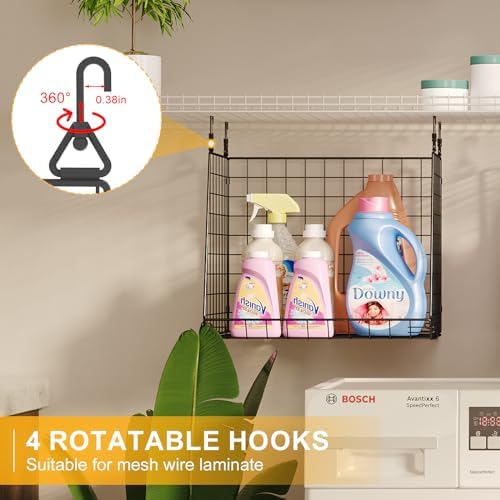 4-Pack Hanging Laundry Room Organizer：Foldable Laundry Room Organizaton Wire Basket with 360°Rotating Hooks Space Saving Over Washer and Dryer Shelves - Metal Laundry Basket Storage, Black Patent - Image 5