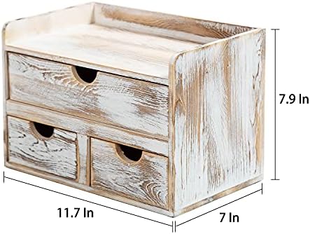 Rustic Distressed white 3-Tier Wood Desk Organizer with 3 Drawers Mini Storage Shelf For Desk, Toiletries Vanity Office Supplies (Vintage white) - Image 3