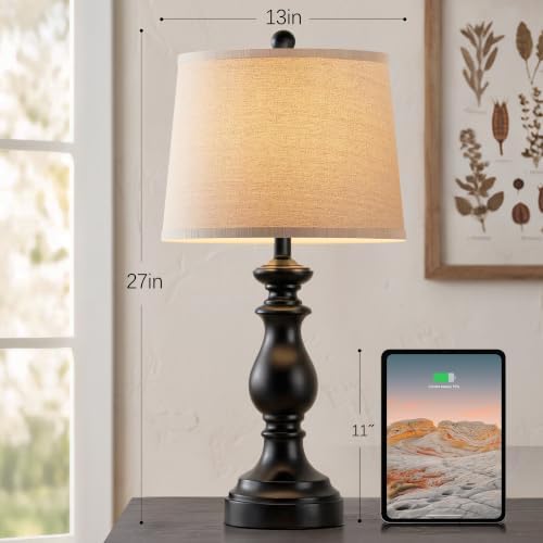 PARTPHONER Traditional Table Lamp Set of 2, Rustic Farmhouse Table Lamps for Living Room Bedroom, 27" Bedside Desk Lamps Vintage Nightstand Lamps with Linen Shades, Matte Black - Image 3