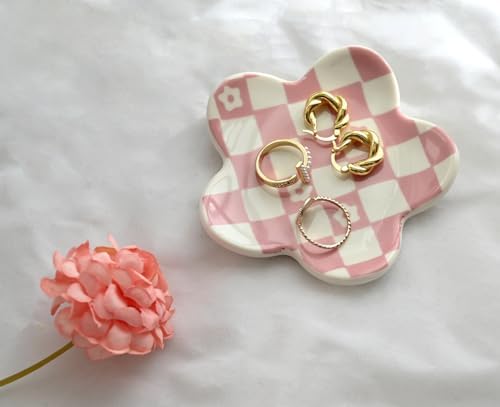 Pink Checkered Jewelry Dish, Cute Flower Trinket Tray for Rings & Earrings, Trendy Teen Girls Birthday Gifts, Aesthetic Room Decor for Nightstand Vanity Bathroom Sink & Dorm Desk, 3.8" - Image 2