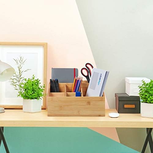 Relaxdays Desk Organiser, Bamboo, 6 Compartments, Pen Holder, Office and Home, Table Organiser HBT 14 x 28 x 20 cm, Natural - Image 2
